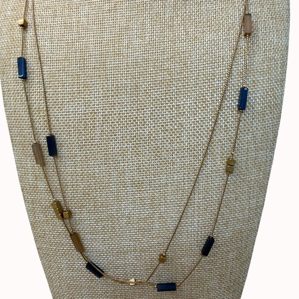 Kenneth Cole Long Gold Chain Necklace W/ Blue & Brown Beads Adjustable Clasp‎
